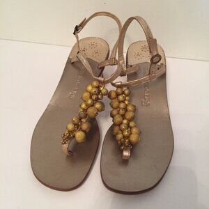 JACK ROGERS SHOES SANDALS GOLD LEATHER BEADS THONG LOW HEEL